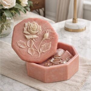 Octagonal Pink Jewelry or Trinket Box with Rose Design